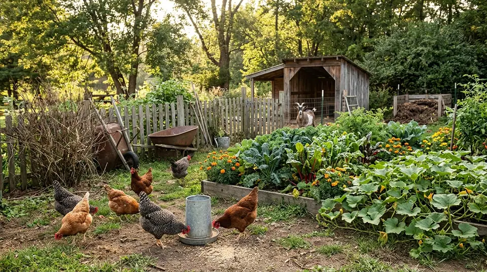 Flock of chickens gathering around a metal feeder near a lush garden and a small barn with a goat