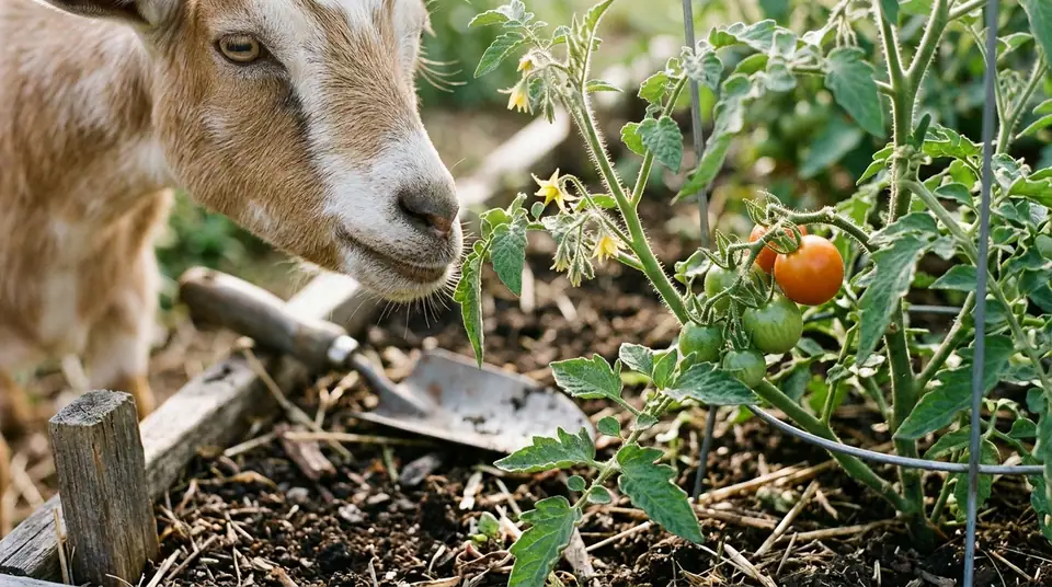 Brown goat sniffing a tomato plant with green and red fruits in a garden bed