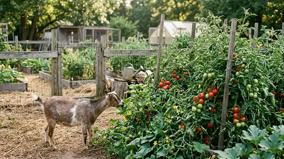 A brown and white goat standing in a garden next to a lush tomato plant with red and green fruits