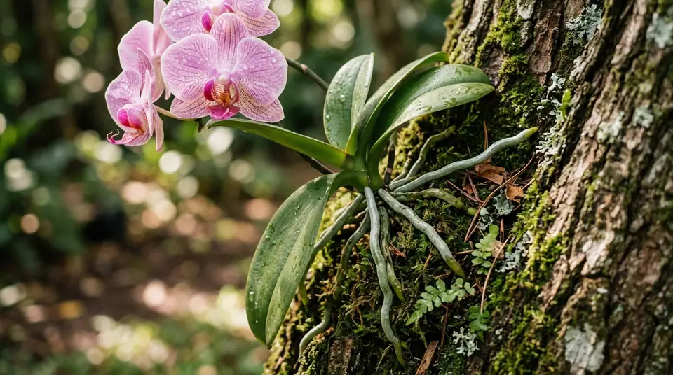 Pink orchid blooming on a mossy tree trunk outside