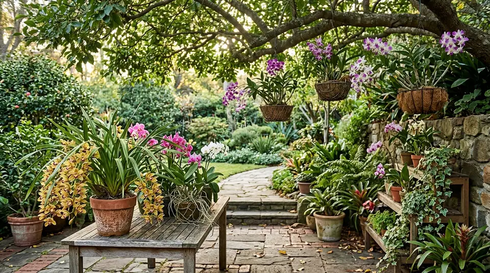 Potted orchids thrive outside on a wooden table and hanging baskets in a lush garden