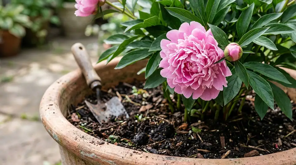 Pink peony blooming in a large terracotta pot with a garden trowel resting in the soil
