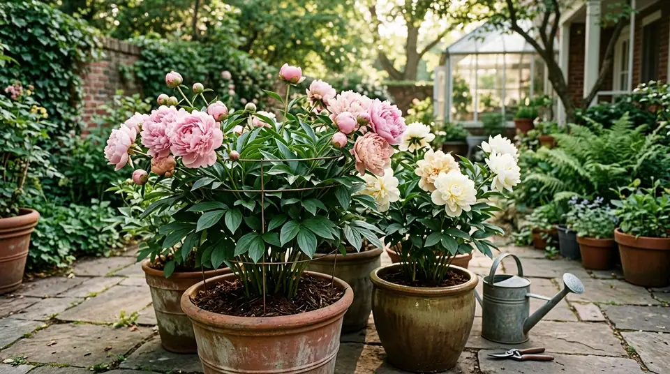 Lush potted peony plants with pink and white blooms on a stone patio