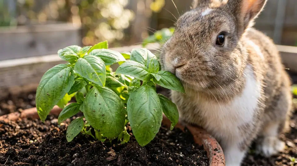 Small brown and white rabbit sniffing a fresh basil plant in a garden pot