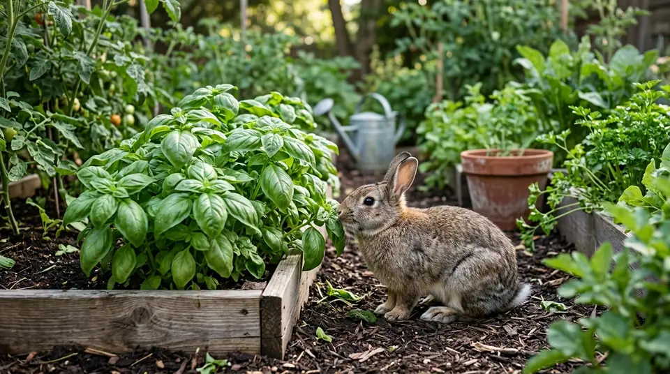 A small brown rabbit sitting by a fresh green basil plant in a garden bed
