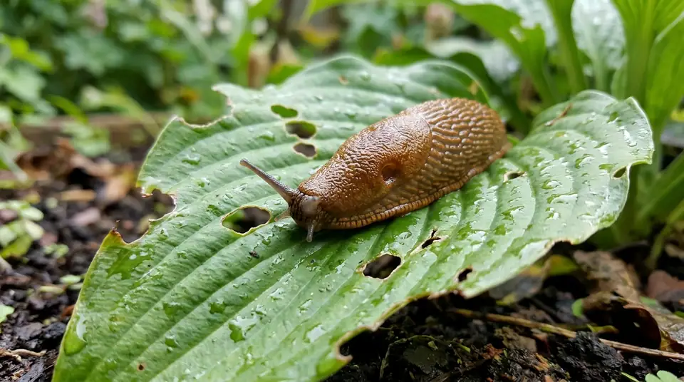 Brown slug on a damaged hosta leaf in a garden