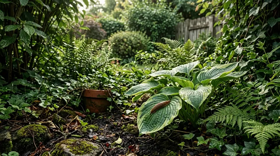 Brown slug resting on a green hosta leaf in a lush, overgrown garden path