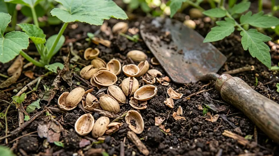 Pistachio shells scattered on rich garden soil next to a trowel and green leaves