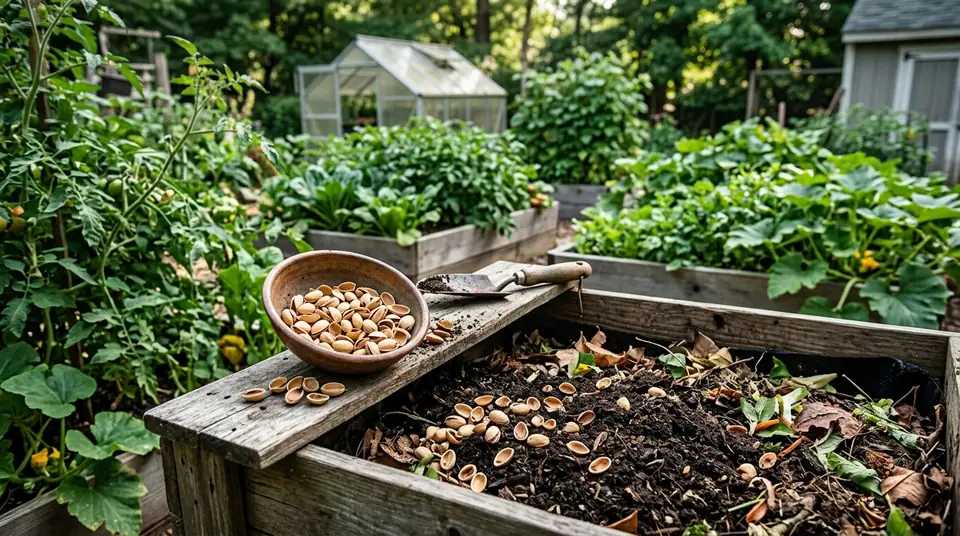 Bowl of pistachio shells near a wooden compost bin in a garden