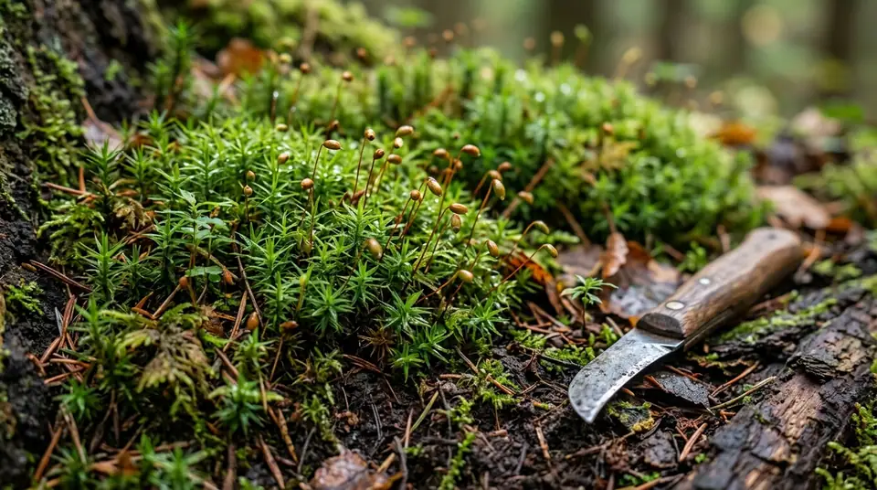 Green moss with tiny spore capsules growing on a forest floor next to a pocket knife