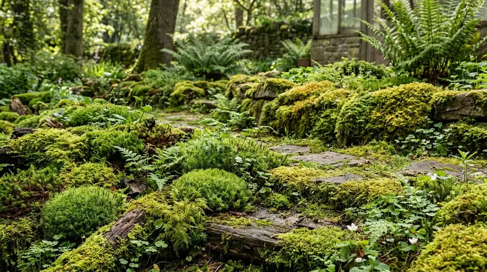 Lush green moss covering stone steps and logs in a shaded woodland garden