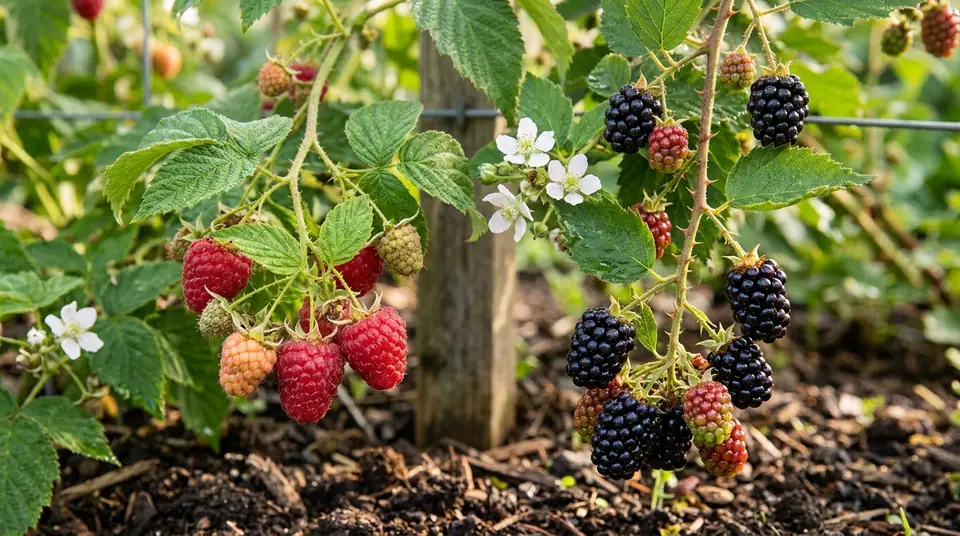 Raspberry and blackberry plants growing side by side with ripe berries