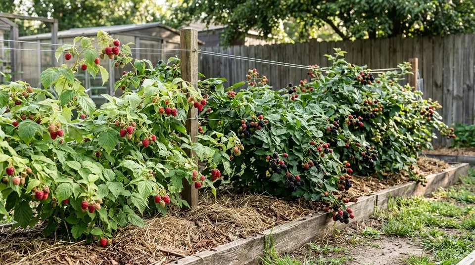 Raspberry and blackberry bushes growing side by side in raised garden beds supported by wires