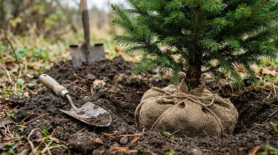 Christmas tree with root ball in burlap ready for planting with garden trowel and shovel