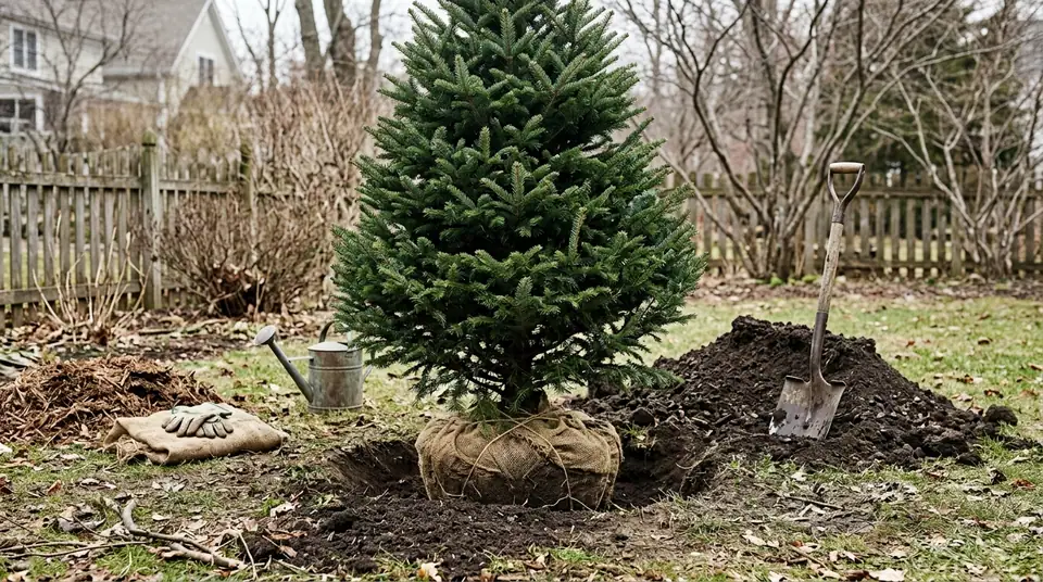 A ball-and-burlap Christmas tree ready to plant beside a hole, shovel, and pile of dirt in a backyard