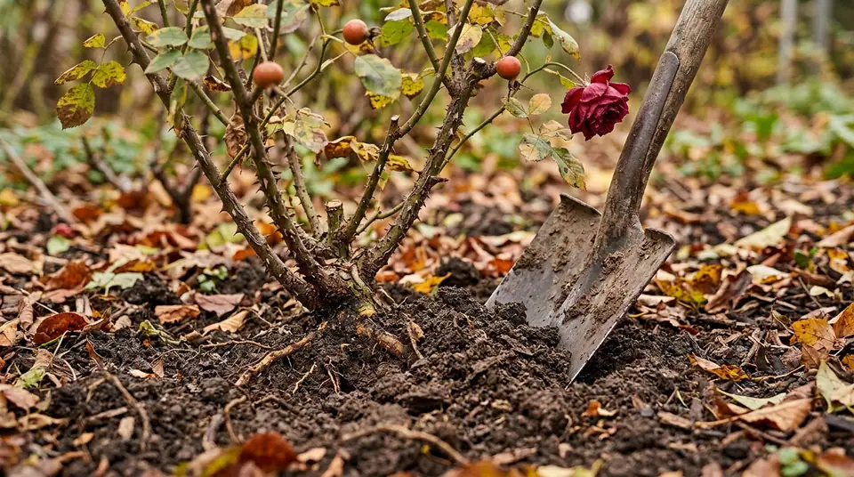 Shovel digging up a rose plant with exposed roots in autumn soil