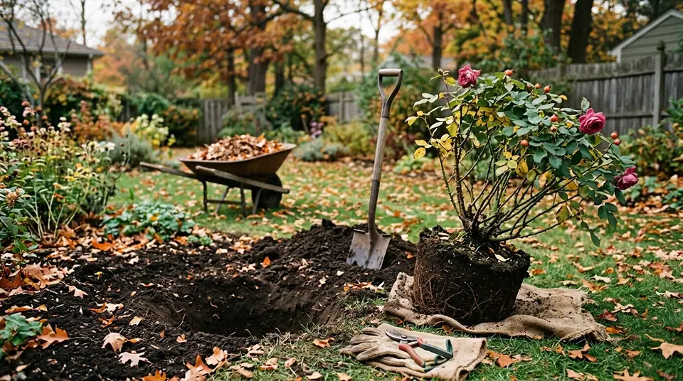 A rose bush with a root ball next to a freshly dug hole in an autumn garden