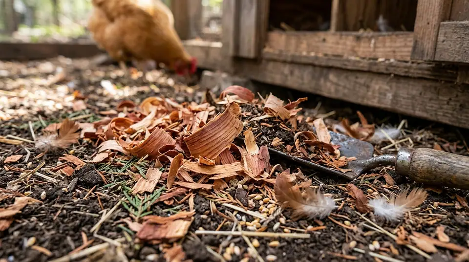Pile of cedar shavings and garden trowel near a chicken coop with a hen