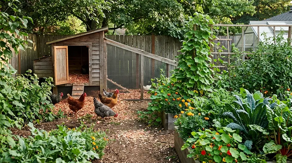 Several chickens in a wooden coop and run surrounded by garden beds filled with leafy greens and flowers