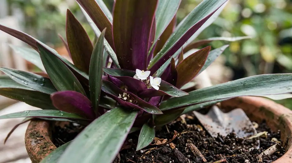 Potted Moses in the cradle plant with purple and green leaves and small white flowers tucked inside
