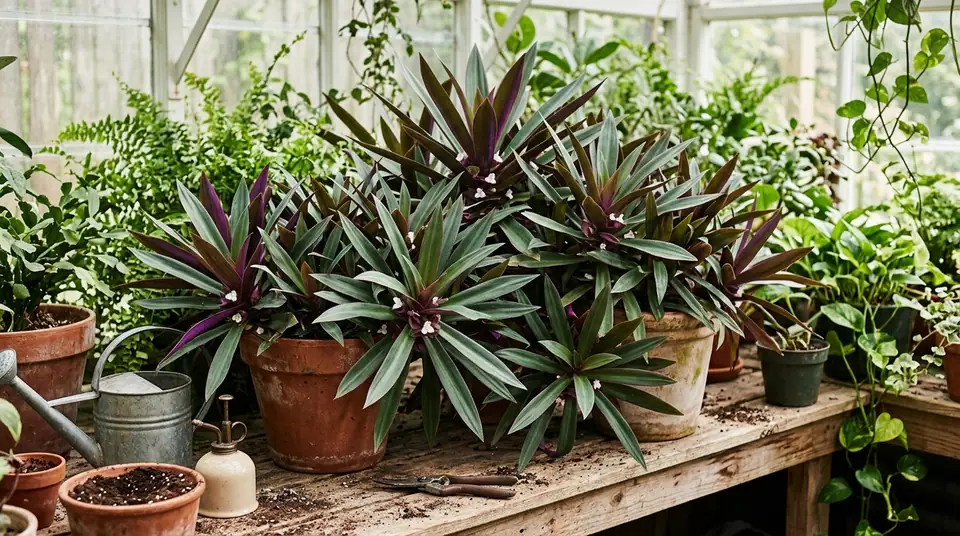 Potted Moses in the cradle plants on a wooden greenhouse workbench