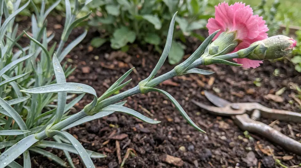 Close-up of a pink carnation stem showing nodes and leaves above garden soil