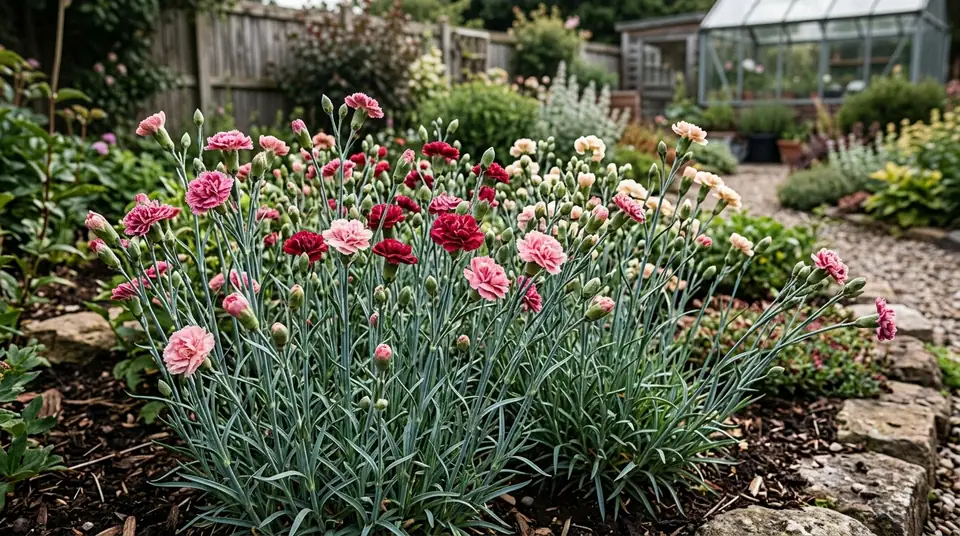 Tall slender stems of carnation plants with pink and red flowers growing in a garden bed