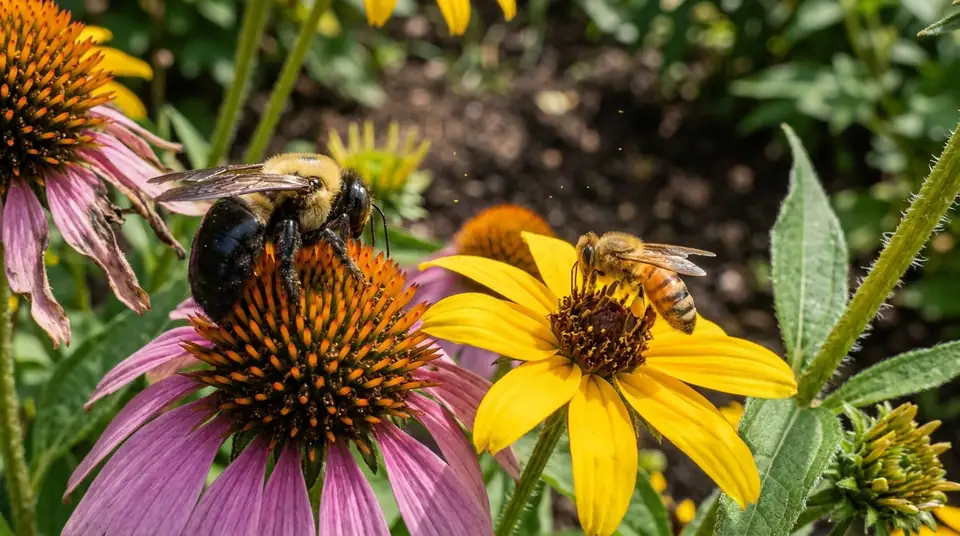 Carpenter bee and honey bee on purple and yellow coneflowers