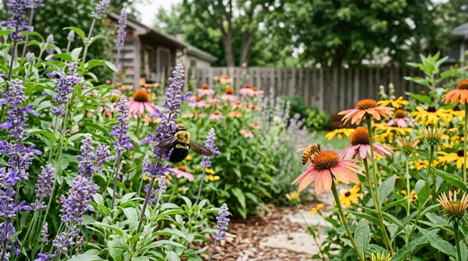 A carpenter bee and a honey bee visiting flowers in a garden