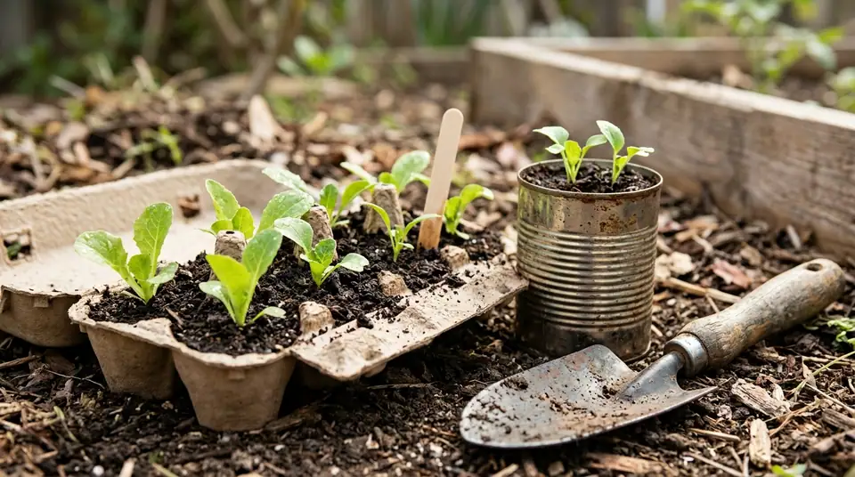 Recycled egg carton and tin can seed starters with small garden trowel