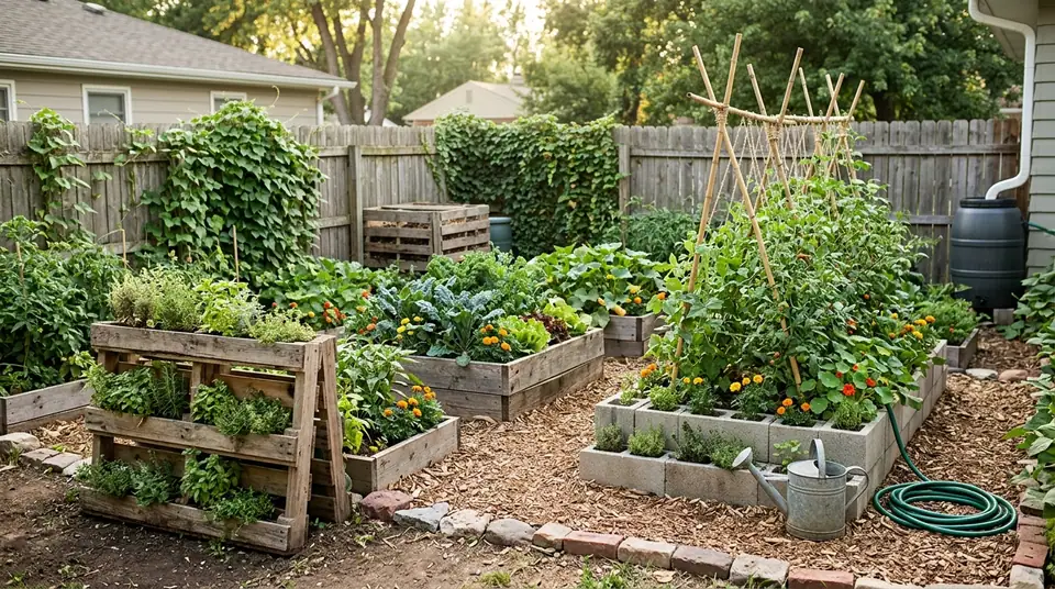 Lush backyard garden with raised wooden beds, a vertical pallet planter, and a cinder block bed with bamboo trellises