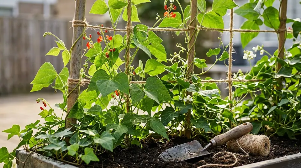 Green bean plants climbing a homemade bamboo and twine trellis in a garden planter