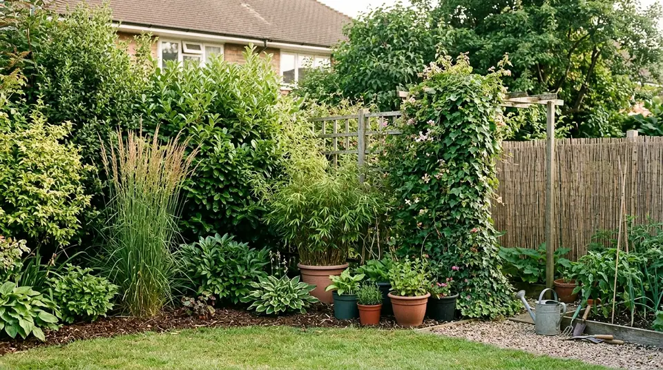 Dense garden plants including tall grasses, potted bamboo, and climbing ivy screening a backyard fence