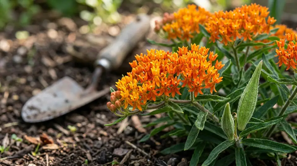 Clusters of bright orange chigger flowers blooming in a garden next to a trowel