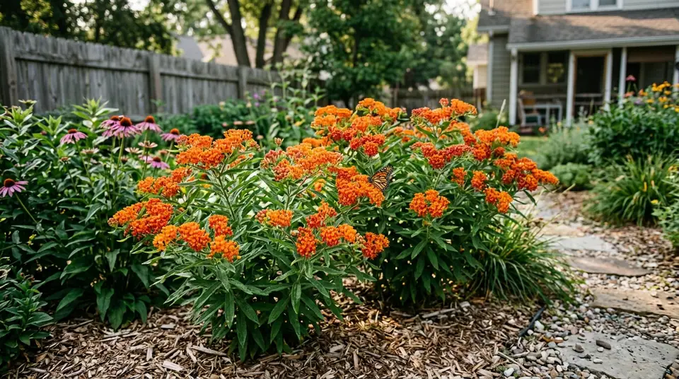 Clusters of bright orange chigger flowers blooming in a sunny backyard garden with a monarch butterfly on the blossoms