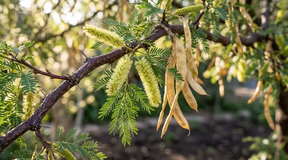 Close-up of Chilean mesquite tree branches with yellow catkin flowers and seed pods