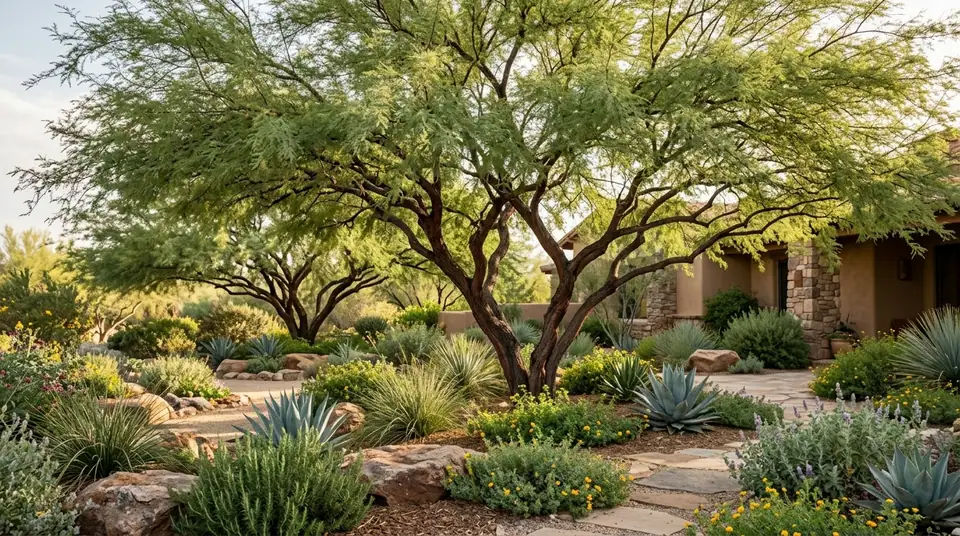 Mature Chilean mesquite tree with sprawling branches in a landscaped desert garden