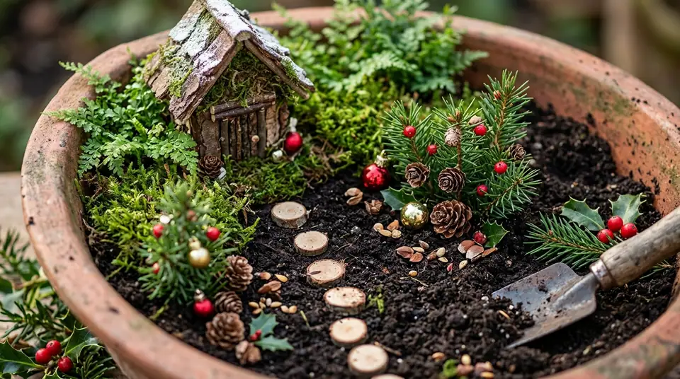 Miniature Christmas fairy garden in a terracotta pot with a tiny wooden cabin and pine sprigs