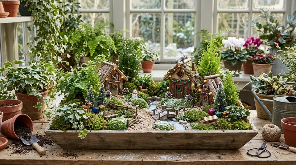 Miniature Christmas fairy garden in a wooden trough with tiny houses, moss, and evergreen plants