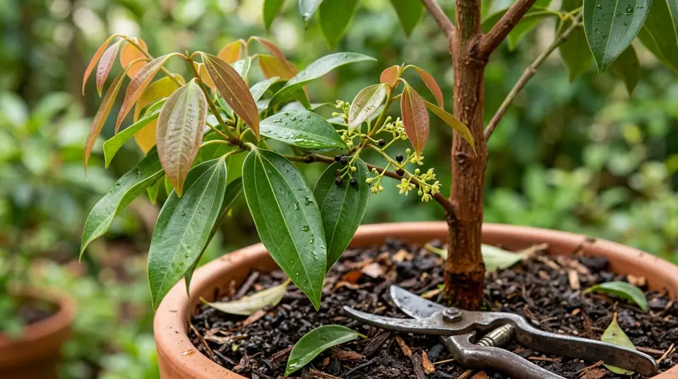 Potted cinnamon tree with glossy green and bronze leaves alongside pruning shears on soil