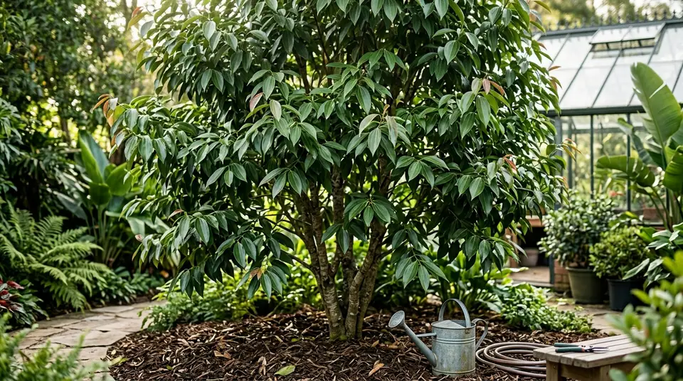Lush cinnamon tree growing in a garden bed with a watering can nearby