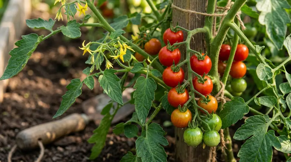 Red and green cluster tomatoes growing on vines in a garden bed