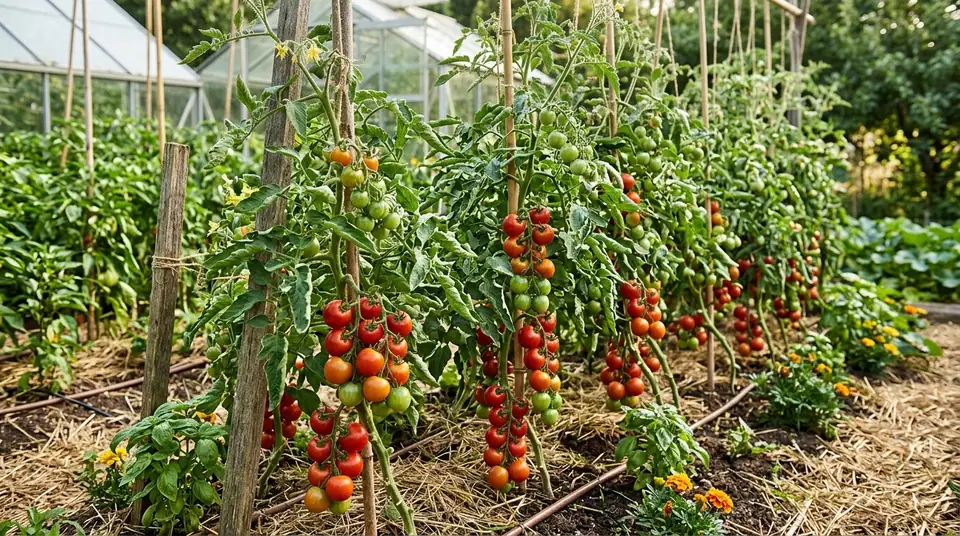 Cluster tomatoes growing on stakes in a garden with greenhouses behind