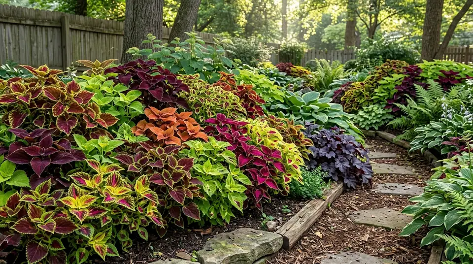 Vibrant coleus varieties with colorful foliage bordering a backyard garden path