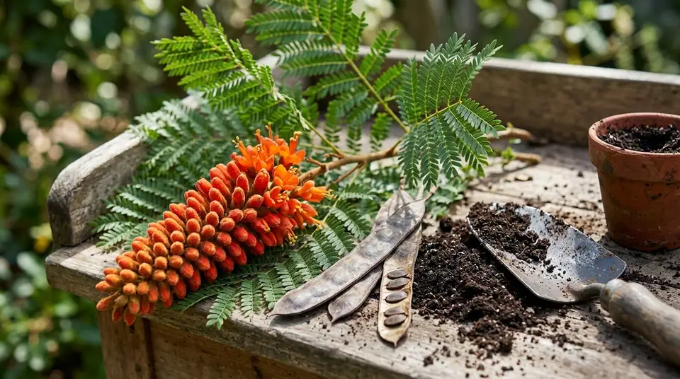 Colvilles glory tree flower and seed pods on a wooden garden table with soil and a trowel