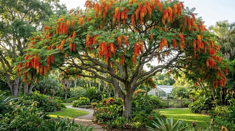 Large blooming Colvilles glory tree with bright orange hanging flower clusters in a garden setting