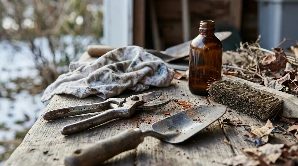 Rusty garden tools, wire brush, oil bottle, and dirty rag on a wooden workbench