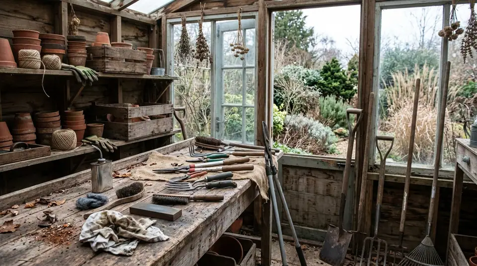 Garden tools on a wooden workbench inside a rustic winter greenhouse