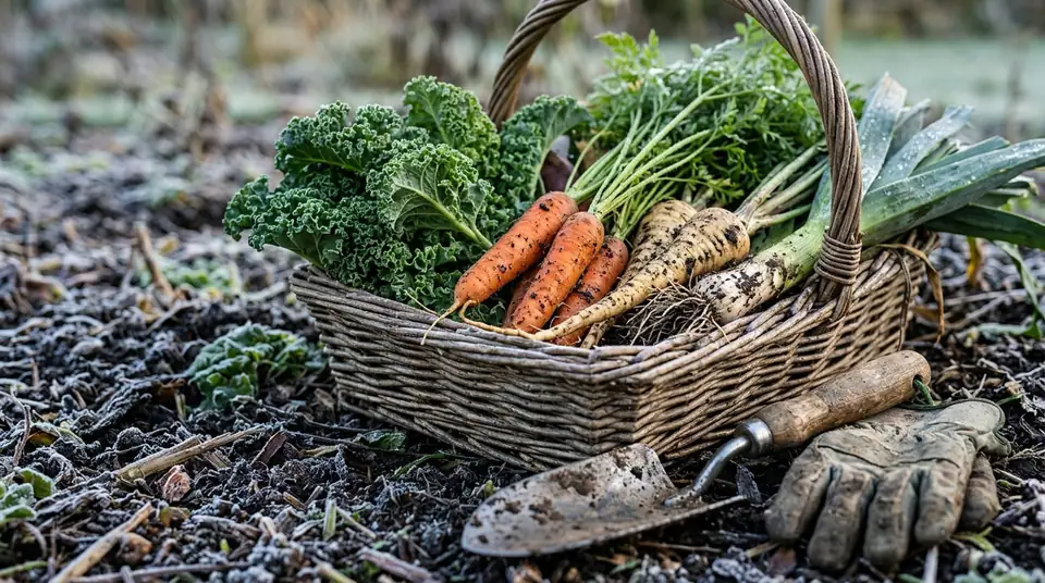 Wicker basket filled with winter vegetables on frosty garden soil next to a trowel and glove