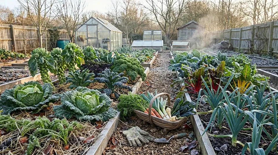 Raised garden beds filled with frosted winter vegetables like cabbage kale and leeks